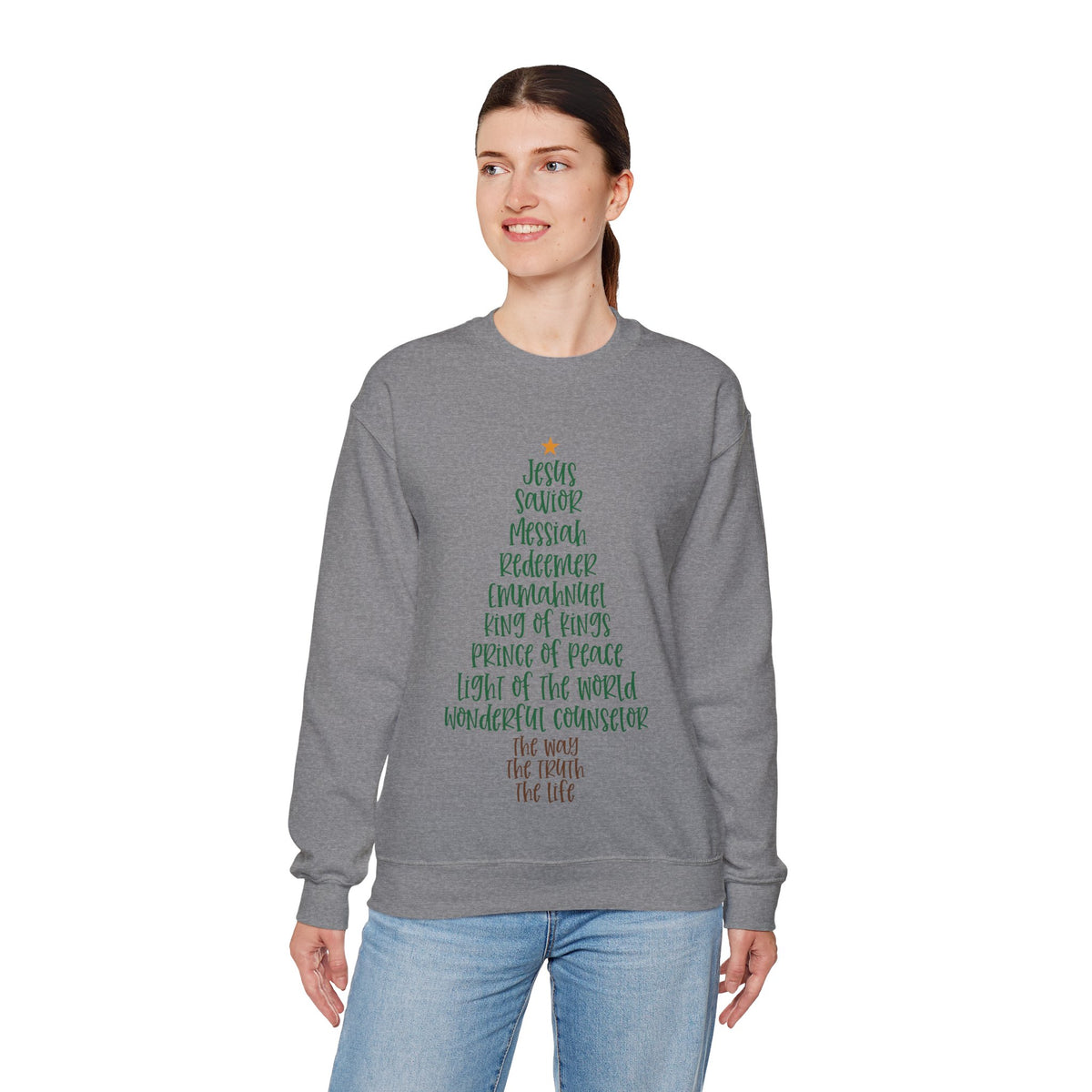 Jesus Names Christmas Tree – Gildan Heavy Blend | Trendy Women’s Soft Sweatshirt. Direct to Garment. Printed & Shipped in the USA. Unisex Sizes.