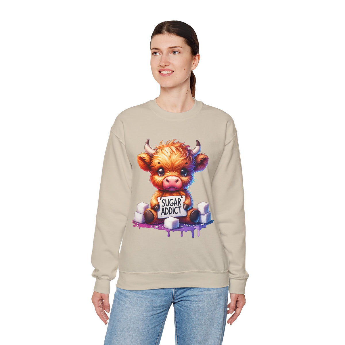 Sugar Addict Highland Cow – Gildan Heavy Blend | Trendy Women’s Soft Sweatshirt. Direct to Garment. Printed & Shipped in the USA. Unisex Sizes.