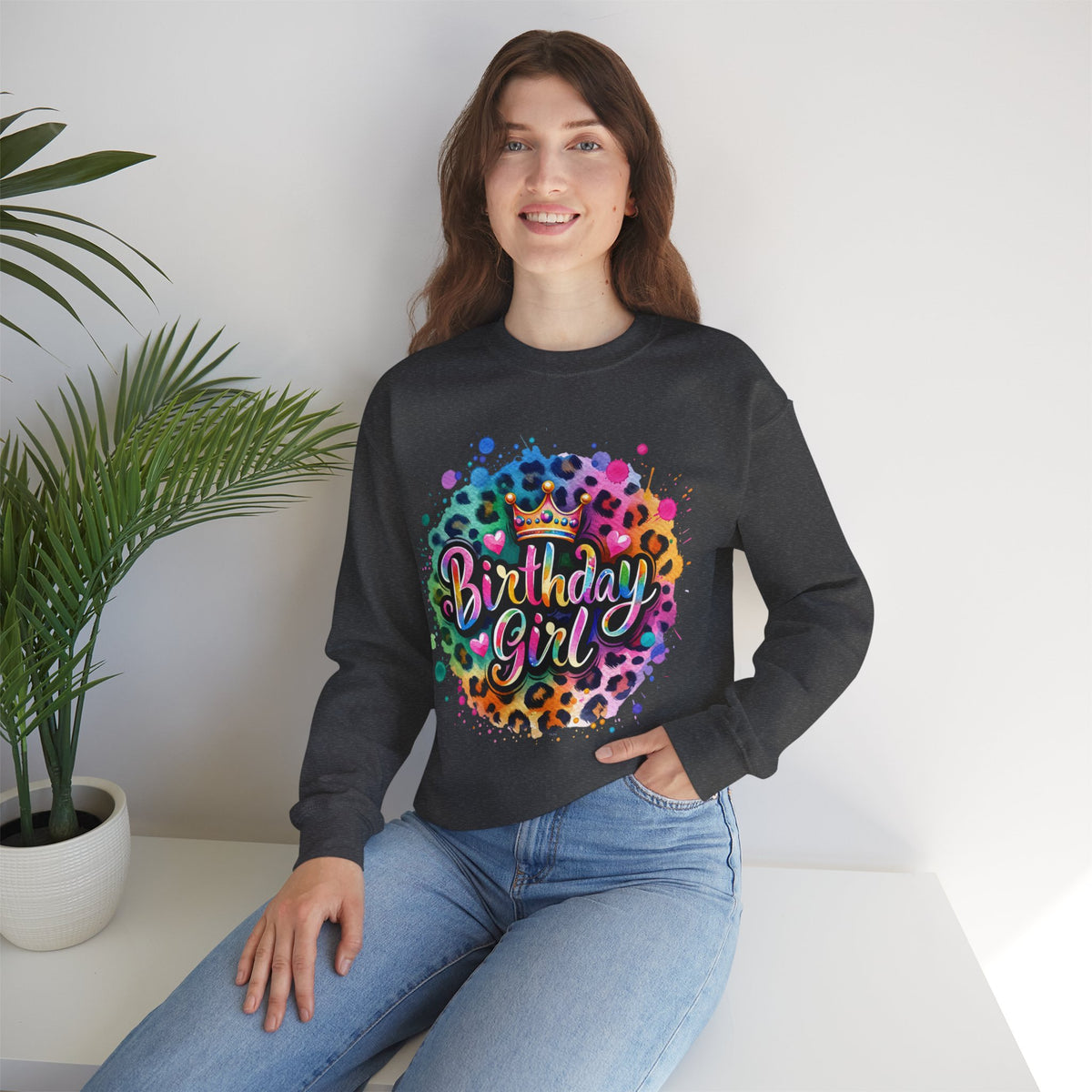 Birthday Girl, Neon Leopard – Gildan Heavy Blend | Trendy Women’s Soft Sweatshirt. Direct to Garment. Printed & Shipped in the USA. Unisex Sizes.