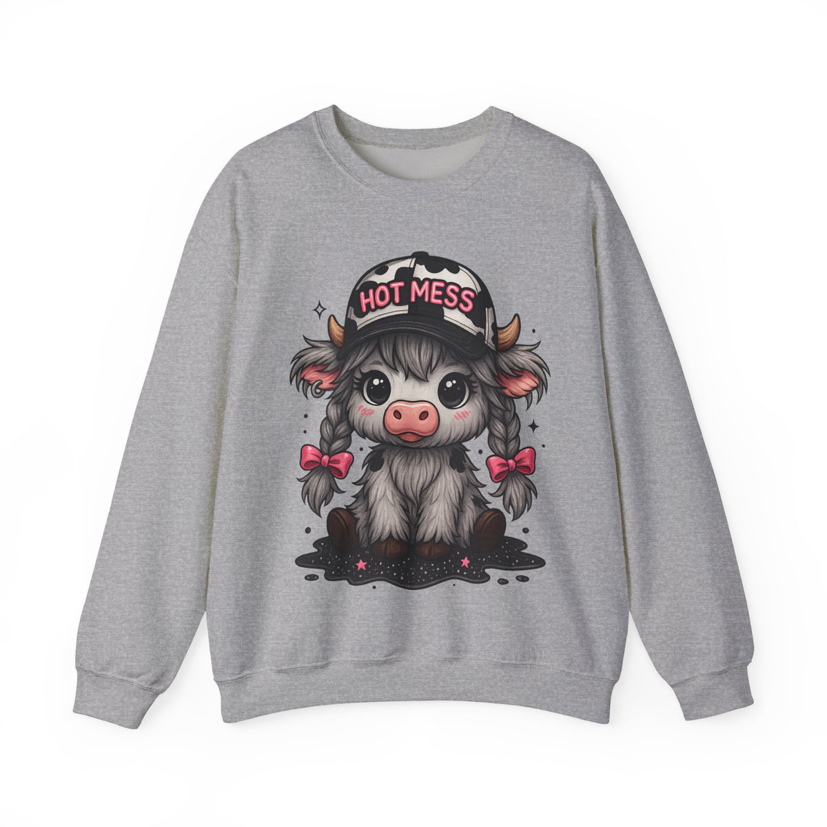 Cute Highland Cow 'Hot Mess' In Braids – Gildan Heavy Blend | Trendy Women’s Soft Sweatshirt. Direct to Garment. Printed & Shipped in the USA. Unisex Sizes.