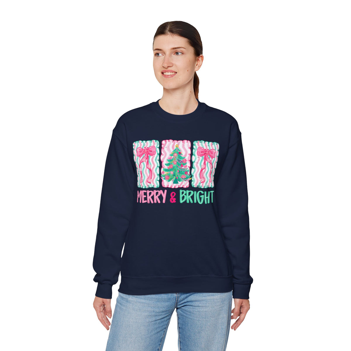 Merry & Bright Christmas - Pink & Green Holiday Tree Design – Gildan Heavy Blend | Trendy Women’s Soft Sweatshirt. Direct to Garment. Printed & Shipped in the USA. Unisex Sizes.