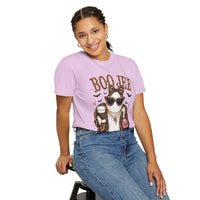 BooJee Ghost with Coffee - Halloween - Comfort Colors | Trendy Women's T-Shirt. Direct to Garment. Printed & Shipped in the USA. Unisex Sizes.