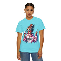 Dramatic Girl With Wine Messy Bun Peace Sign  - Comfort Colors | Trendy Women's T-Shirt. Direct to Garment. Printed & Shipped in the USA. Unisex Sizes.
