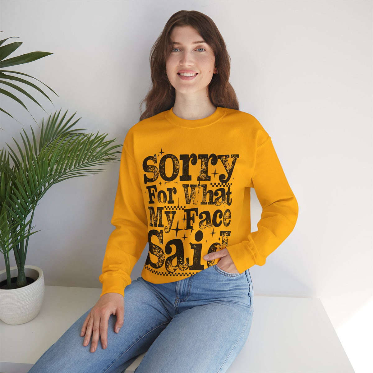 Sorry For What My Face Said - Distressed – Gildan Heavy Blend | Trendy Women’s Soft Sweatshirt. Direct to Garment. Printed & Shipped in the USA. Unisex Sizes.