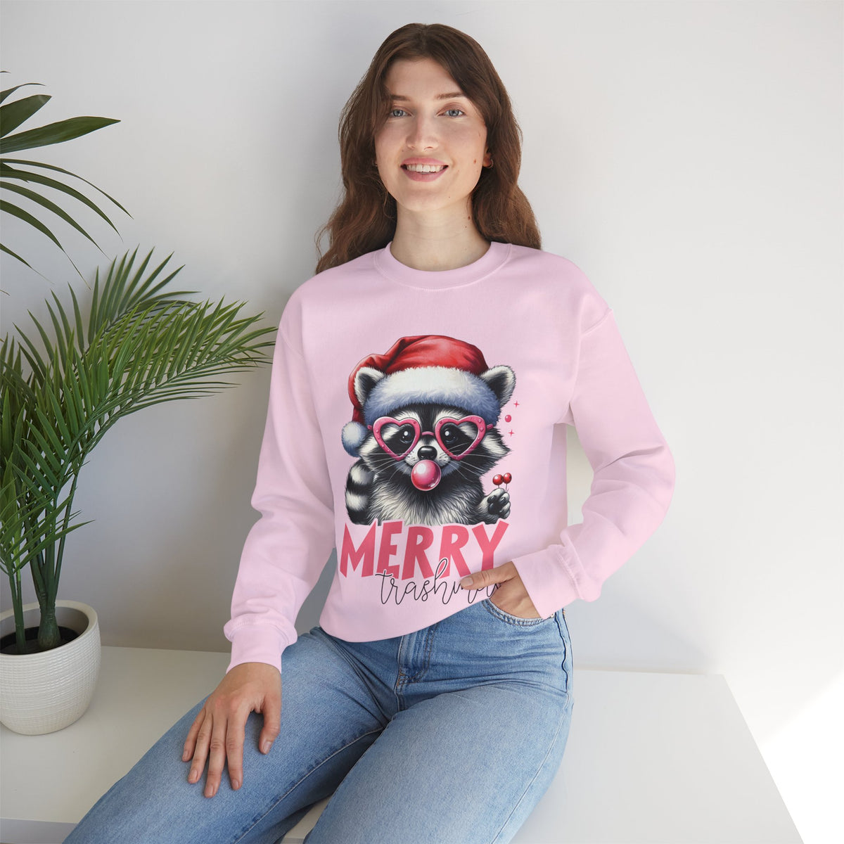 Merry Trashmas Bubblegum Raccoon w/Santa Hat Christmas – Gildan Heavy Blend | Trendy Women’s Soft Sweatshirt. Direct to Garment. Printed & Shipped in the USA. Unisex Sizes.