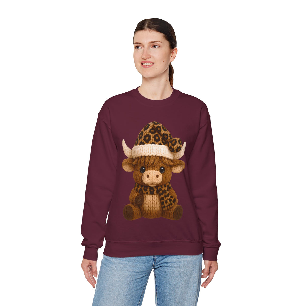 Cute Highland Cow with Leopard Santa Hat Christmas – Gildan Heavy Blend | Trendy Women’s Soft Sweatshirt. Direct to Garment. Printed & Shipped in the USA. Unisex Sizes.
