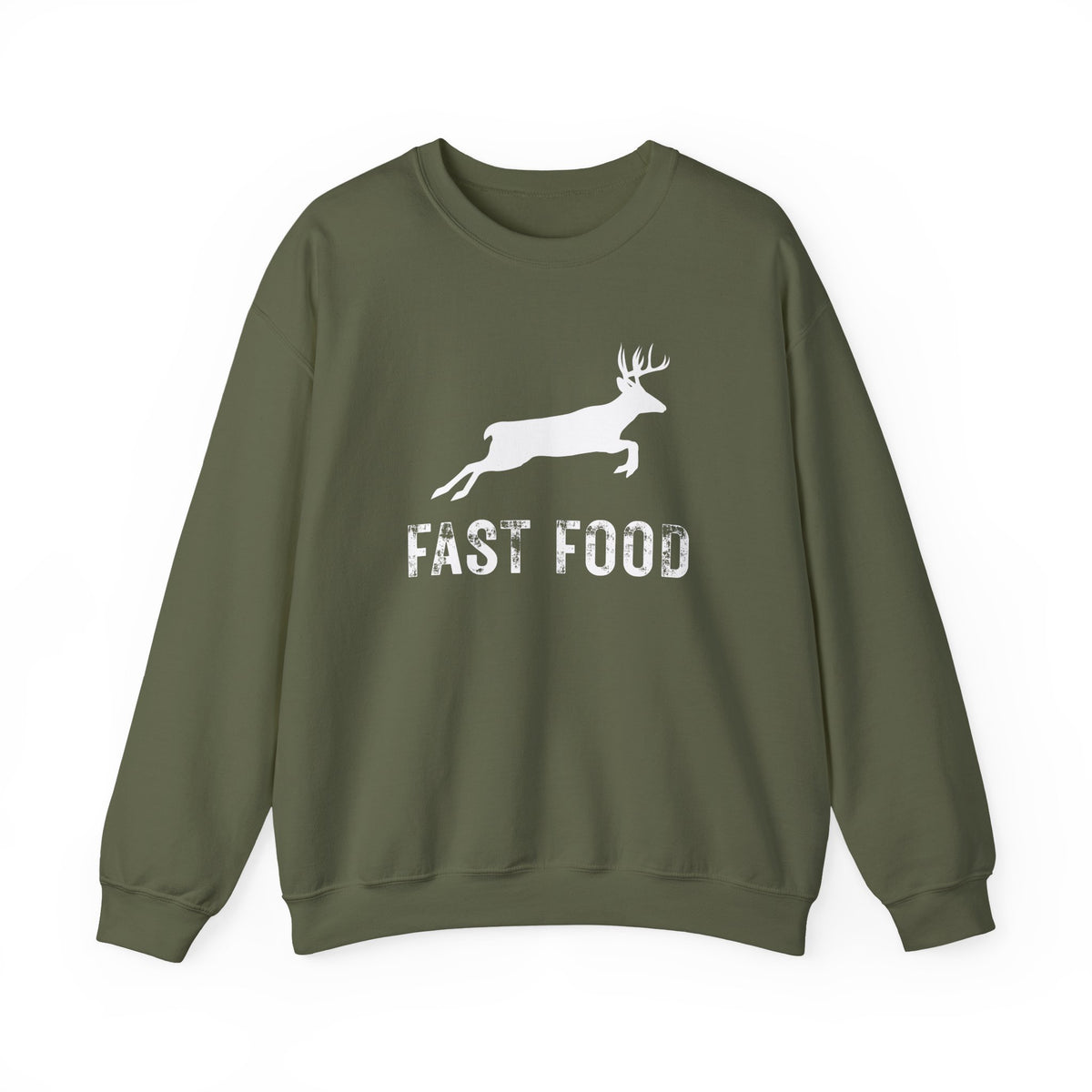 Fast Food Deer Hunting Humor Distressed – Gildan Heavy Blend | Trendy Men's and Women’s Soft Sweatshirt. Direct to Garment. Printed & Shipped in the USA. Unisex Sizes.