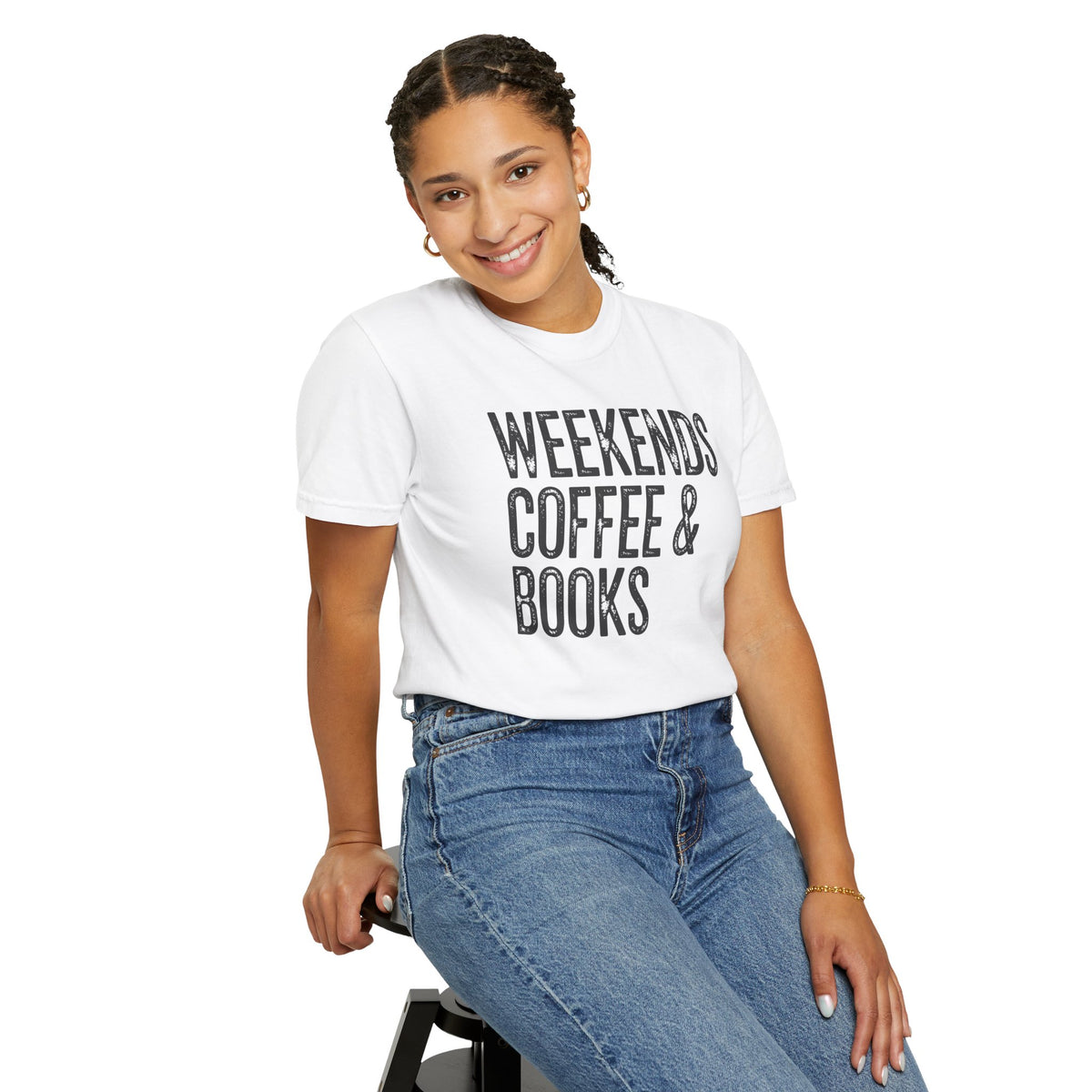 Weekends, Coffee & Books - Comfort Colors | Trendy Women's and Men's T-Shirt. Direct to Garment. Printed & Shipped in the USA. Unisex Sizes.