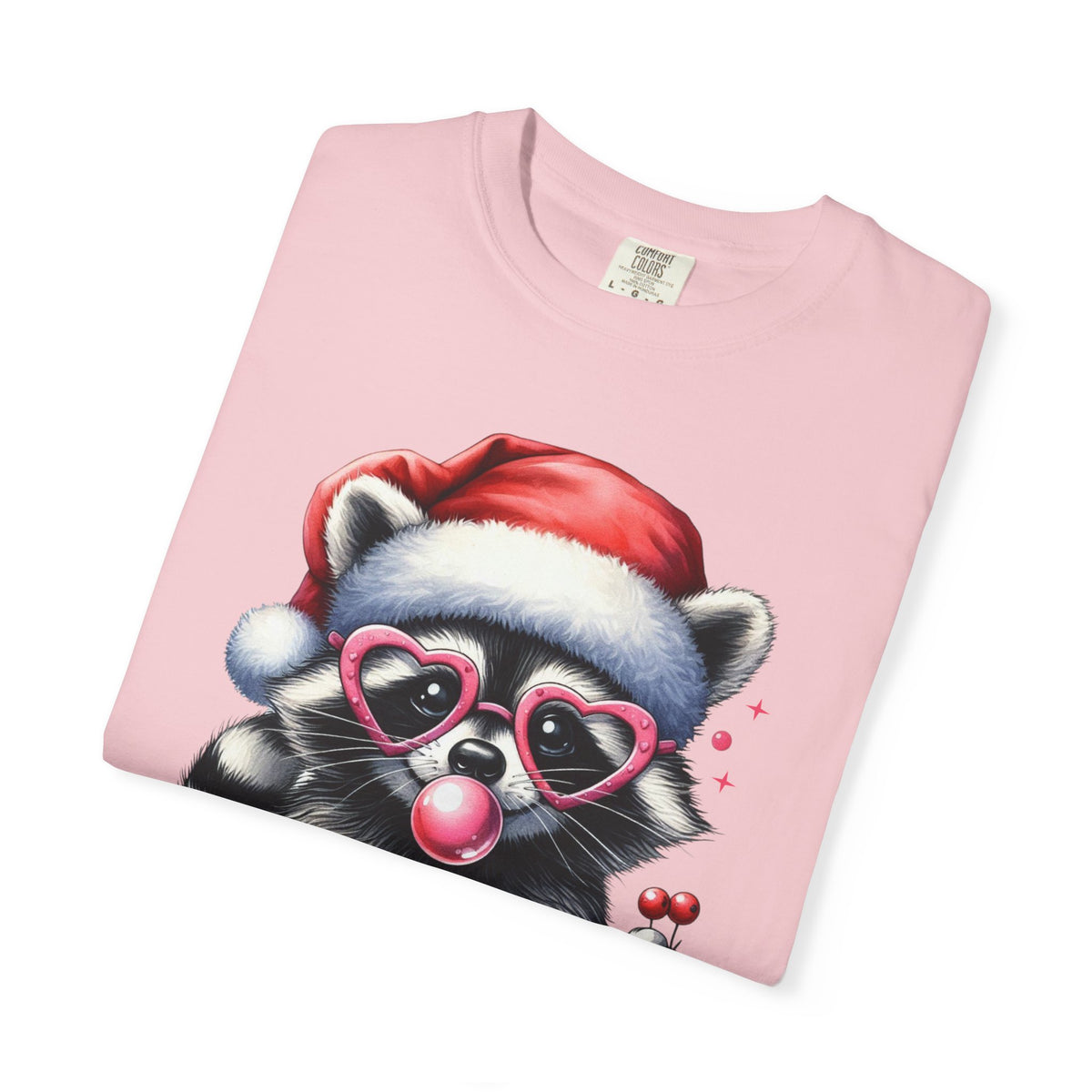Merry Trashmas Bubblegum Raccoon w/Santa Hat Christmas - Comfort Colors | Trendy Women's T-Shirt. Direct to Garment. Printed & Shipped in the USA. Unisex Sizes.