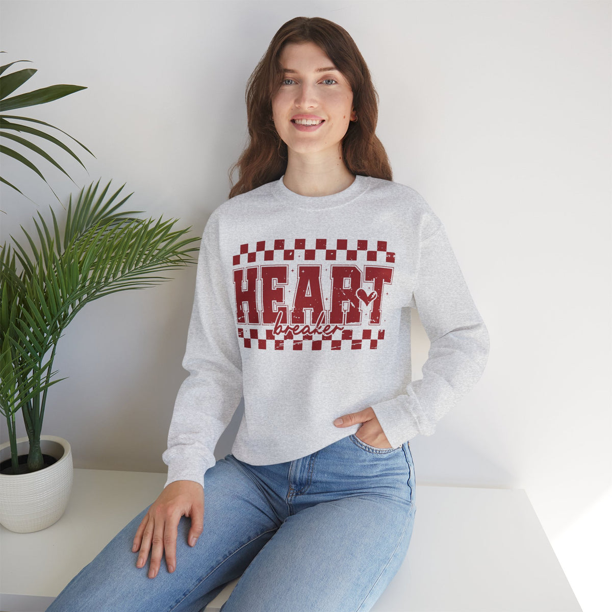 Heart Breaker, Red Checkered Distressed – Gildan Heavy Blend | Trendy Women’s Soft Sweatshirt. Direct to Garment. Printed & Shipped in the USA. Unisex Sizes.