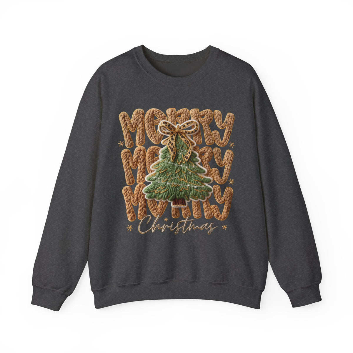 Merry Merry Merry Christmas, Faux Latch Hook Yarn – Gildan Heavy Blend | Trendy Women’s Soft Sweatshirt. Direct to Garment. Printed & Shipped in the USA. Unisex Sizes.