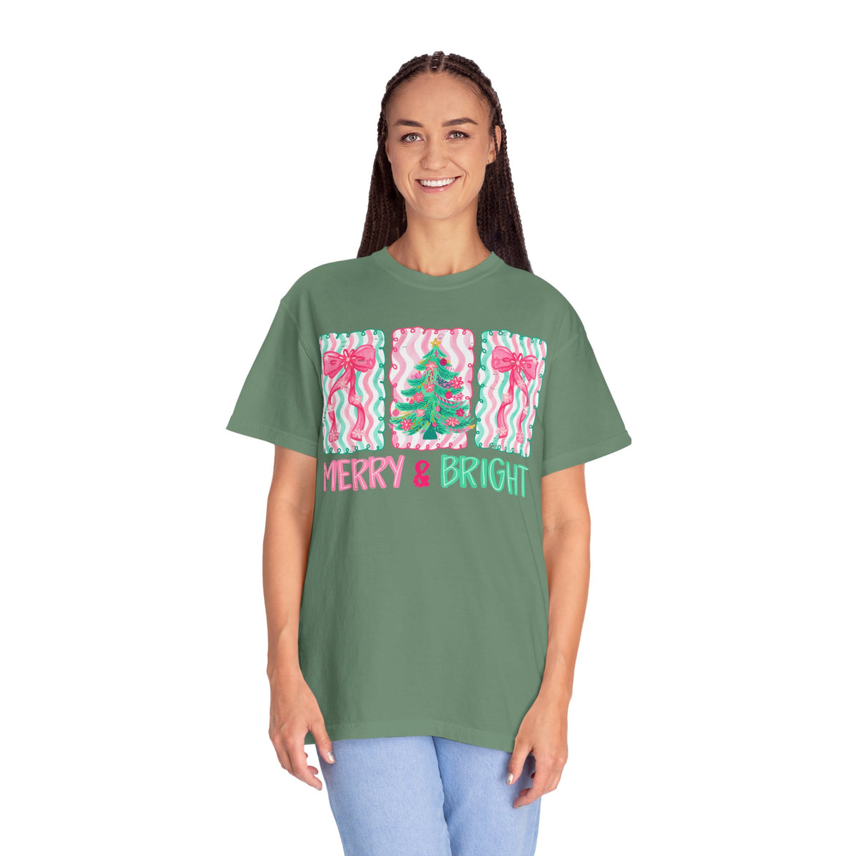 Merry & Bright Christmas — Pink & Green Holiday Tree Design - Comfort Colors | Trendy Women's T-Shirt. Direct to Garment. Printed & Shipped in the USA. Unisex Sizes.