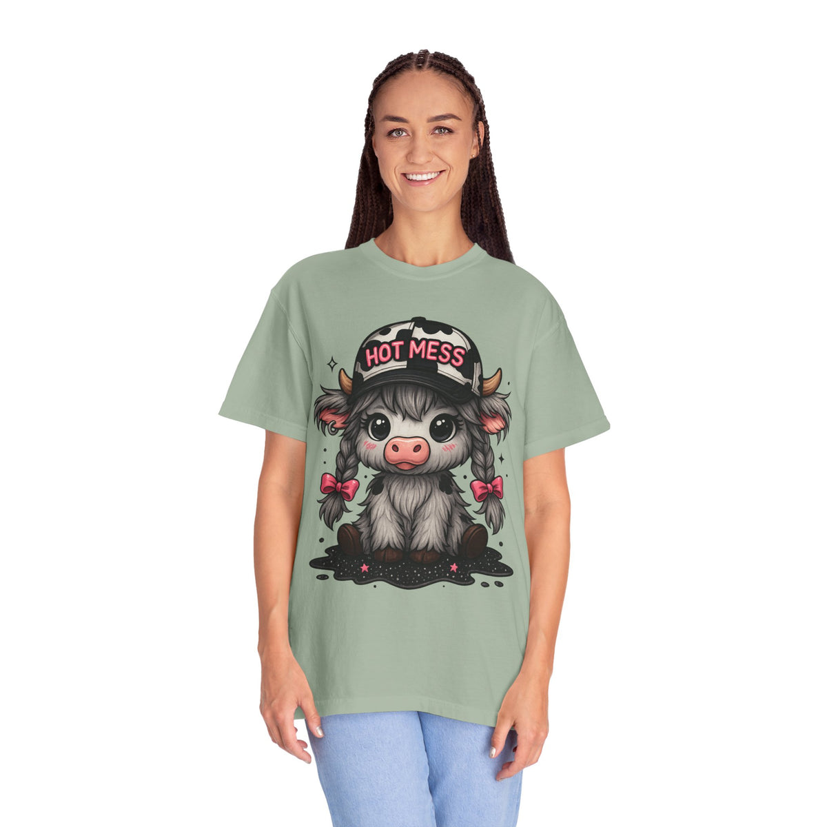 Cute Highland Cow 'Hot Mess' In Braids  - Comfort Colors | Trendy Women's T-Shirt. Direct to Garment. Printed & Shipped in the USA. Unisex Sizes.