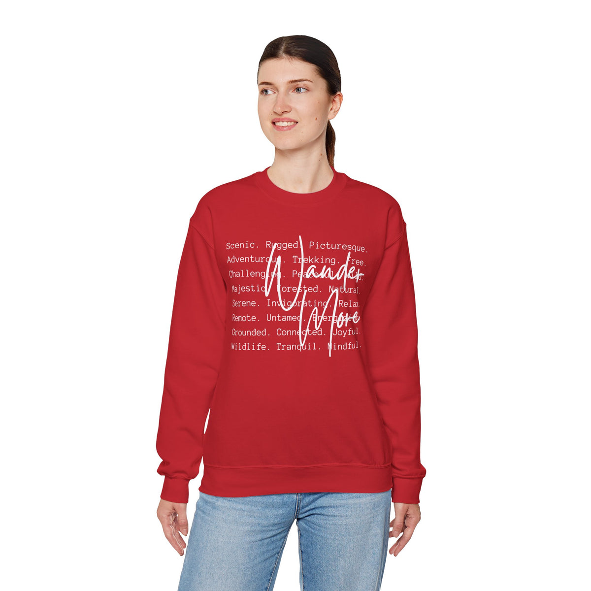 Wander More, Scenic Adventure Typography – Gildan Heavy Blend | Trendy Men's and Women’s Soft Sweatshirt. Direct to Garment. Printed & Shipped in the USA. Unisex Sizes.