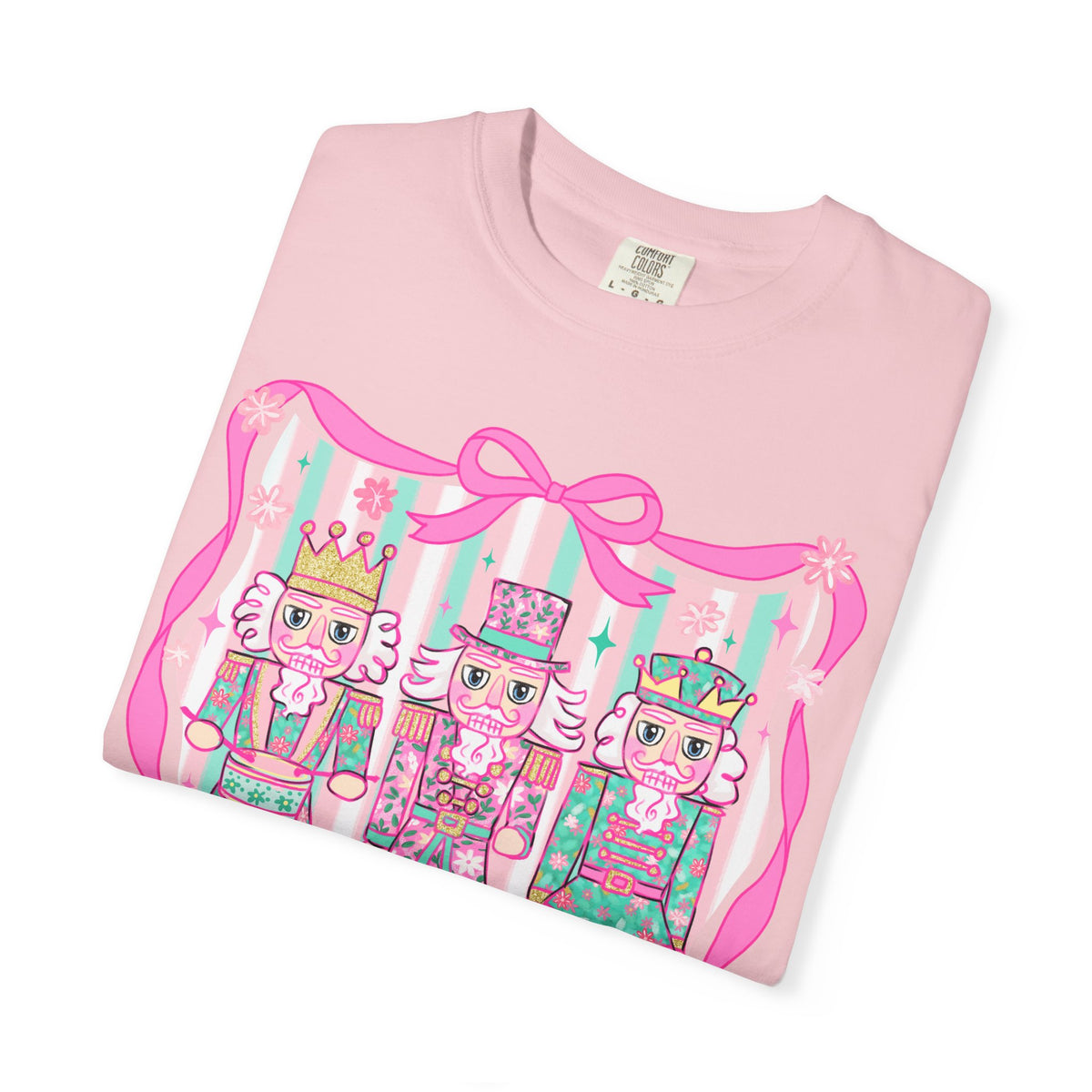Coquette Pastel Christmas Nutcracker Trio Pink and Green - Comfort Colors | Trendy Women's T-Shirt. Direct to Garment. Printed & Shipped in the USA. Unisex Sizes.