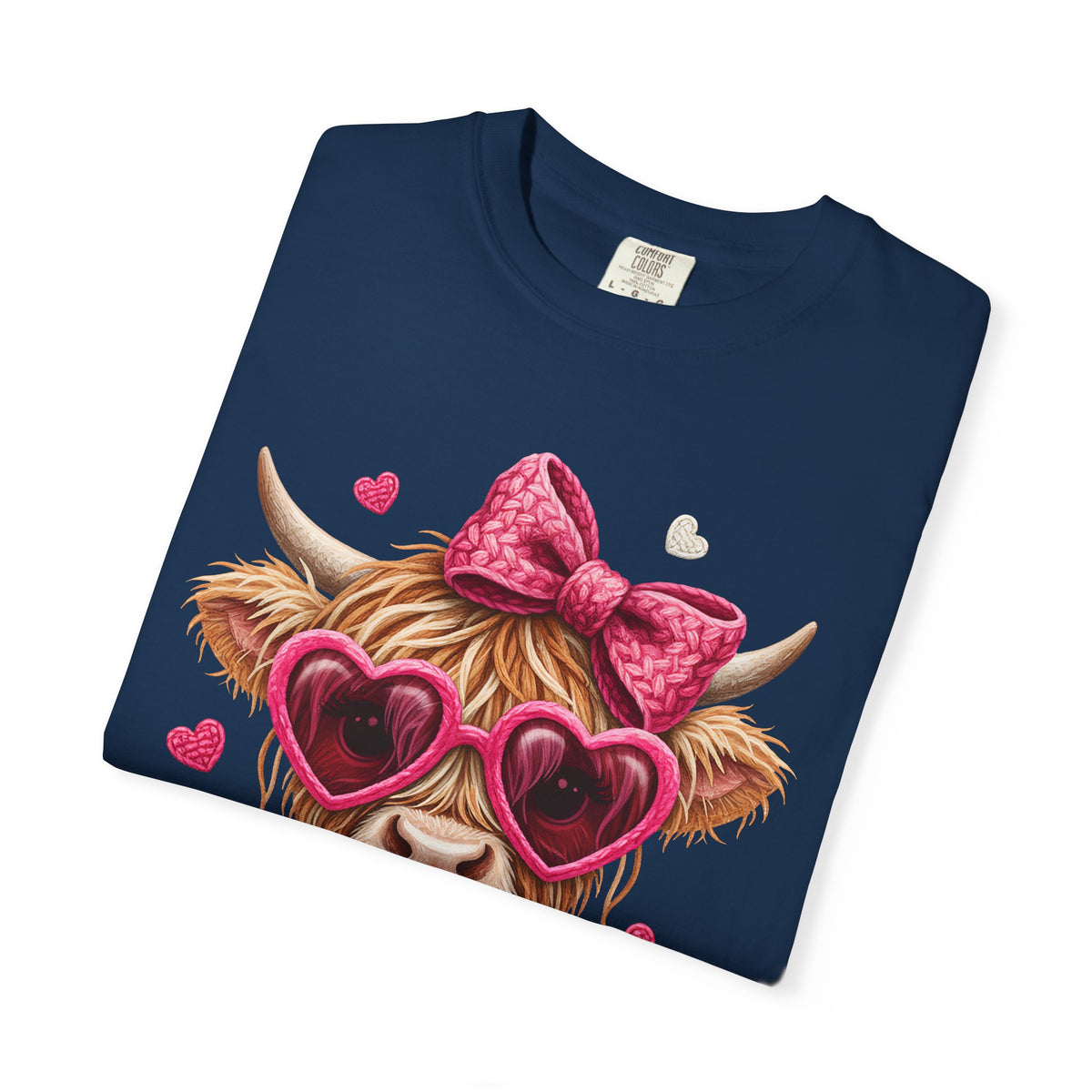 Highland Cow - Pink Heart Shaped Glasses - Comfort Colors | Trendy Women's T-Shirt. Direct to Garment. Printed & Shipped in the USA. Unisex Sizes.