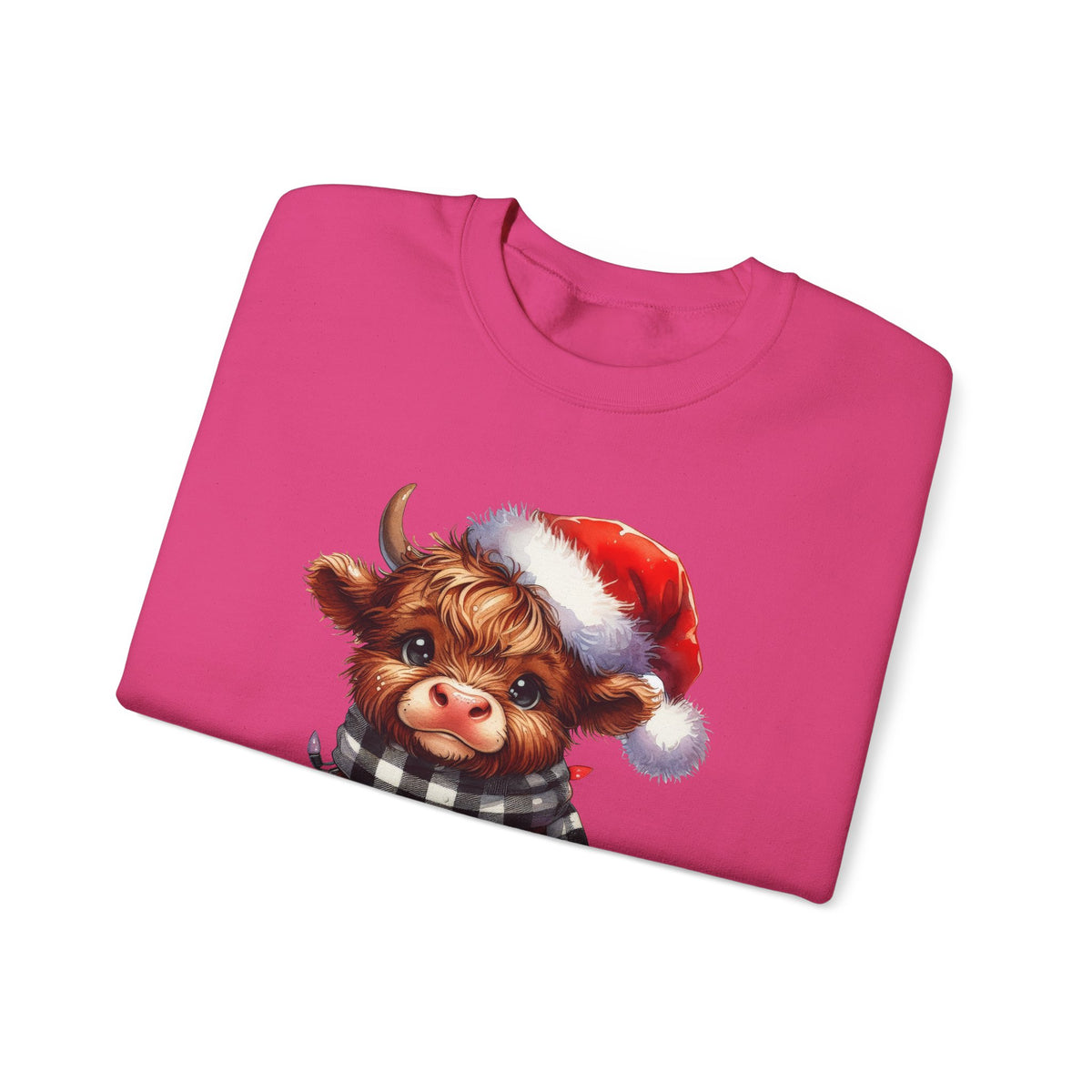 Cute Highland Cow Santa Hat Scarf Christmas Lights – Gildan Heavy Blend | Trendy Women’s Soft Sweatshirt. Direct to Garment. Printed & Shipped in the USA. Unisex Sizes.