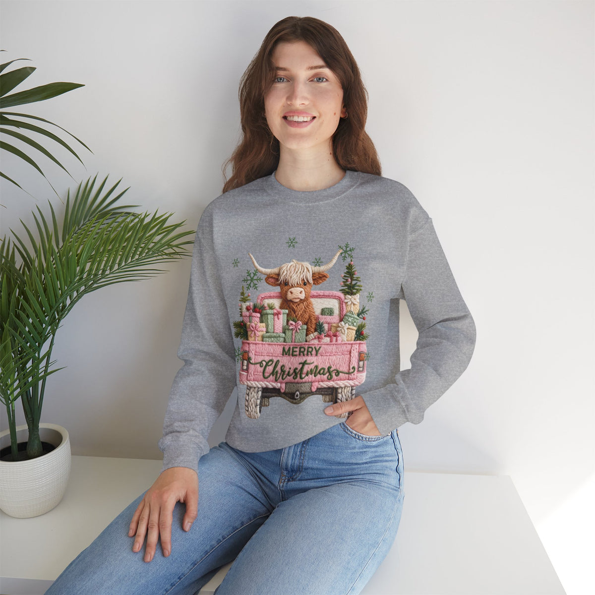 Highland Cow in Pink Truck Merry Christmas Holiday Farmhouse – Gildan Heavy Blend | Trendy Women’s Soft Sweatshirt. Direct to Garment. Printed & Shipped in the USA. Unisex Sizes.