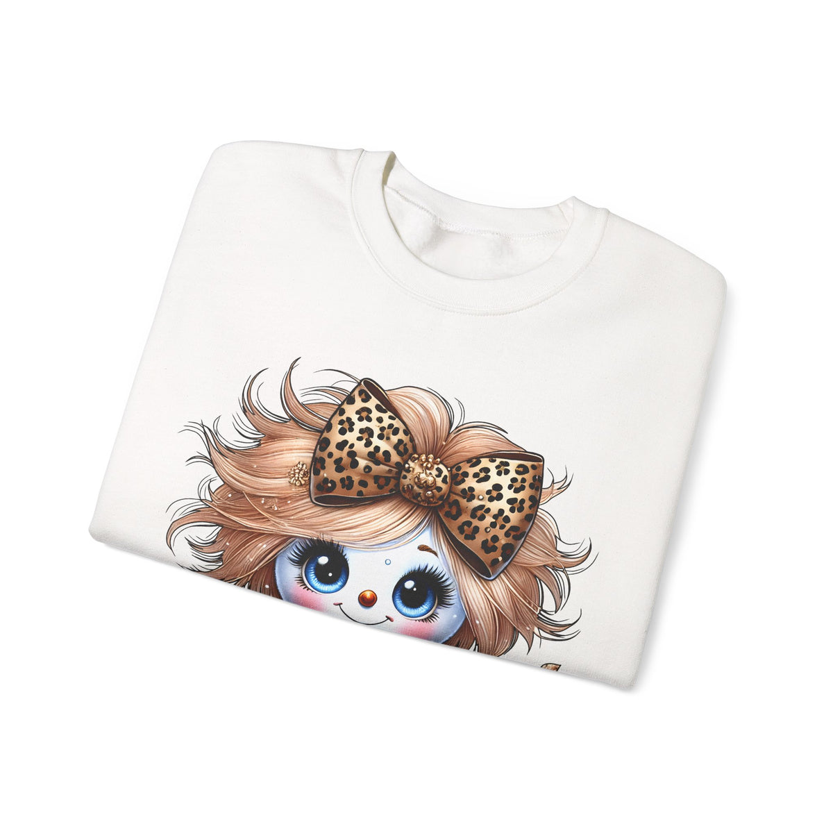 Snowgirl Cute Leopard Bow Snowman, Winter Cozy – Gildan Heavy Blend | Trendy Women’s Soft Sweatshirt. Direct to Garment. Printed & Shipped in the USA. Unisex Sizes.