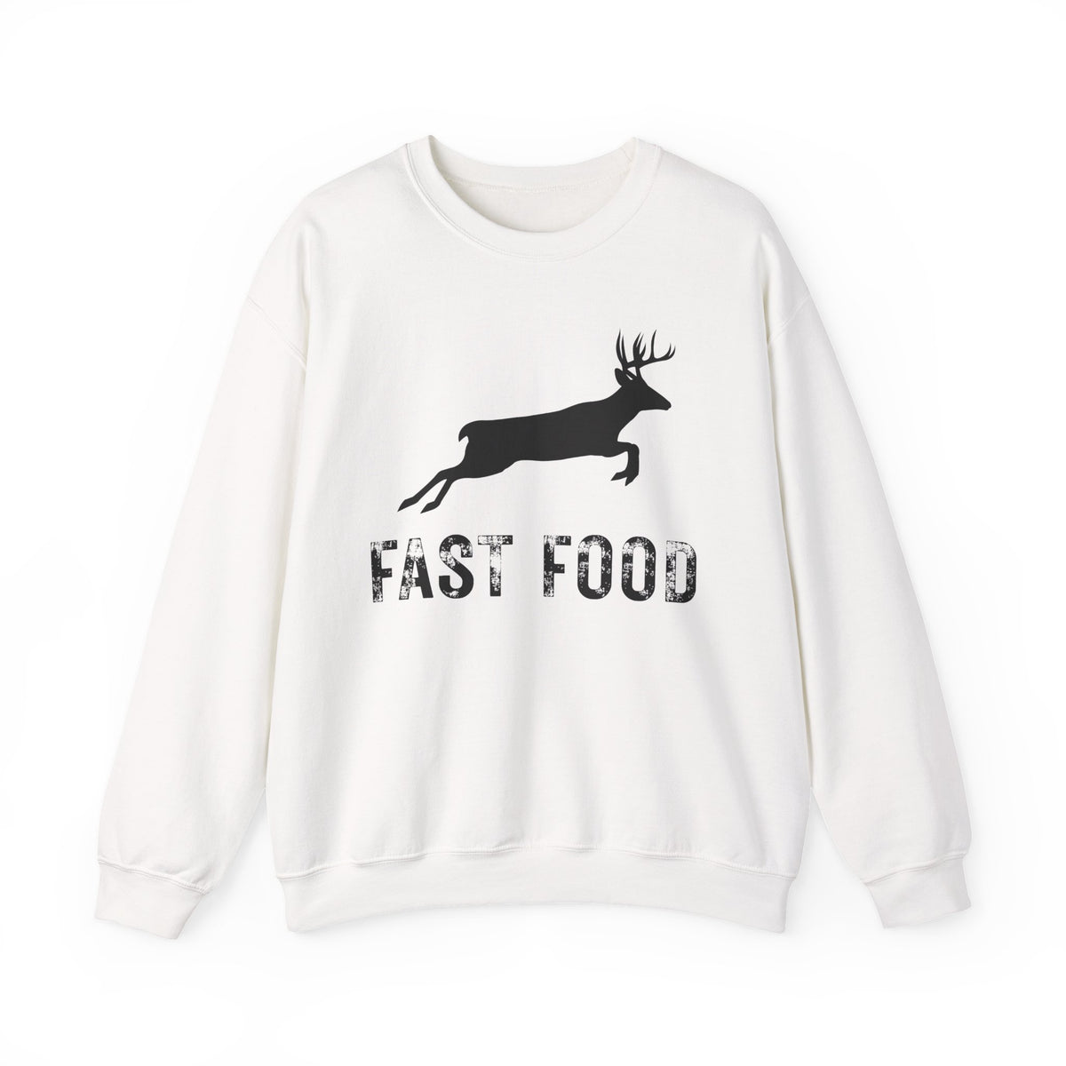 Fast Food Deer Hunting Humor Distressed – Gildan Heavy Blend | Trendy Men's and Women’s Soft Sweatshirt. Direct to Garment. Printed & Shipped in the USA. Unisex Sizes.