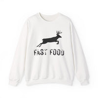 Fast Food Deer Hunting Humor Distressed – Gildan Heavy Blend | Trendy Men's and Women’s Soft Sweatshirt. Direct to Garment. Printed & Shipped in the USA. Unisex Sizes.
