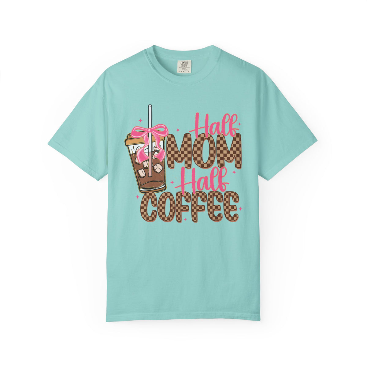 Half Mom Half Coffee. Cute Leopard Print Coffee Design - Comfort Colors | Trendy Women's T-Shirt. Direct to Garment. Printed & Shipped in the USA. Unisex Sizes.