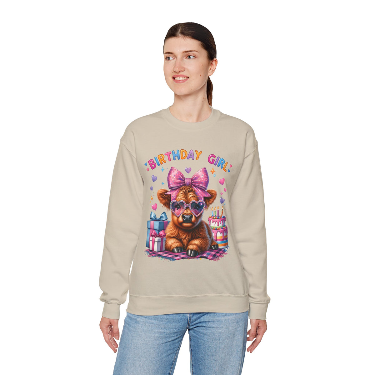 Birthday Girl, Highland Cow – Gildan Heavy Blend | Trendy Women’s Soft Sweatshirt. Direct to Garment. Printed & Shipped in the USA. Unisex Sizes.