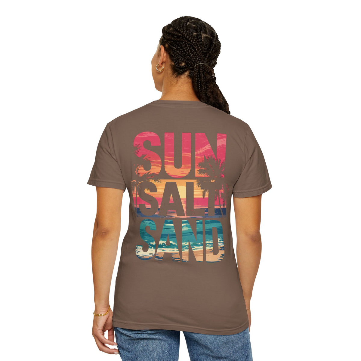 Sun Salt Sand, Beach Sunset - Front & Back Print - Comfort Colors | Trendy Women's and Men's T-Shirt. Direct to Garment. Printed & Shipped in the USA. Unisex Sizes.
