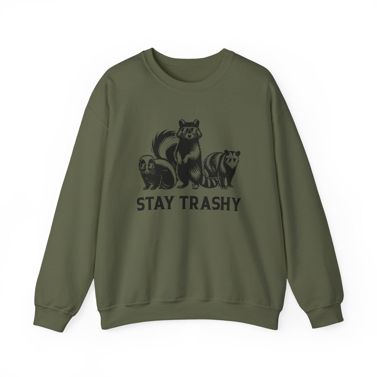 Stay Trashy, Skunk Raccoon Possum – Gildan Heavy Blend | Trendy Women’s and Men's Soft Sweatshirt. Direct to Garment. Printed & Shipped in the USA. Unisex Sizes.