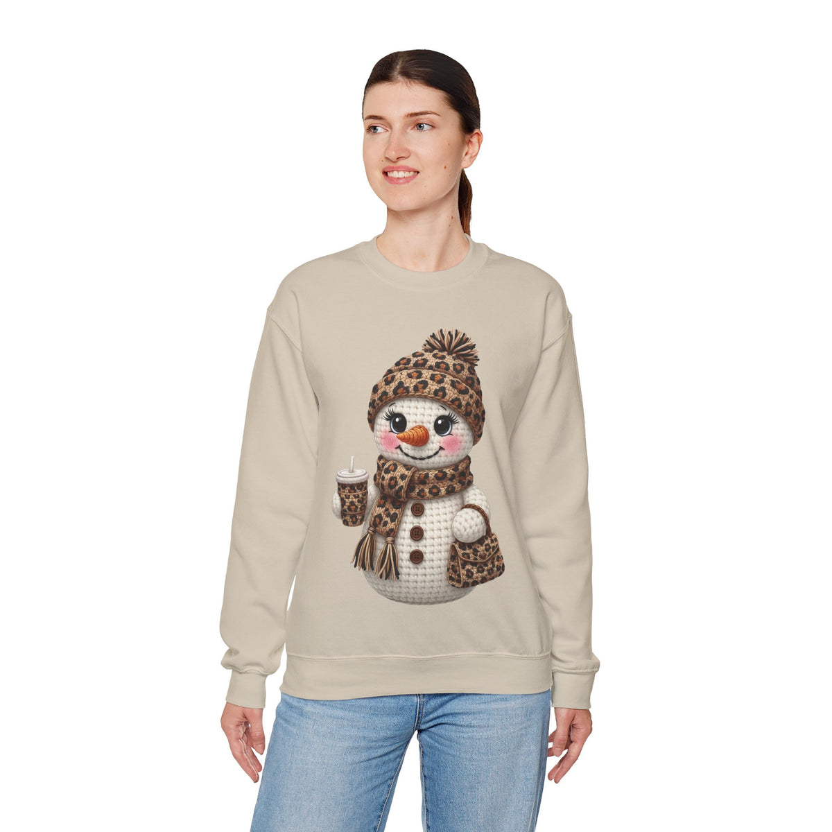 Leopard Snowman - Leopard Purse, Drink, Hat & Scarf – Gildan Heavy Blend | Trendy Women’s Soft Sweatshirt. Direct to Garment. Printed & Shipped in the USA. Unisex Sizes.