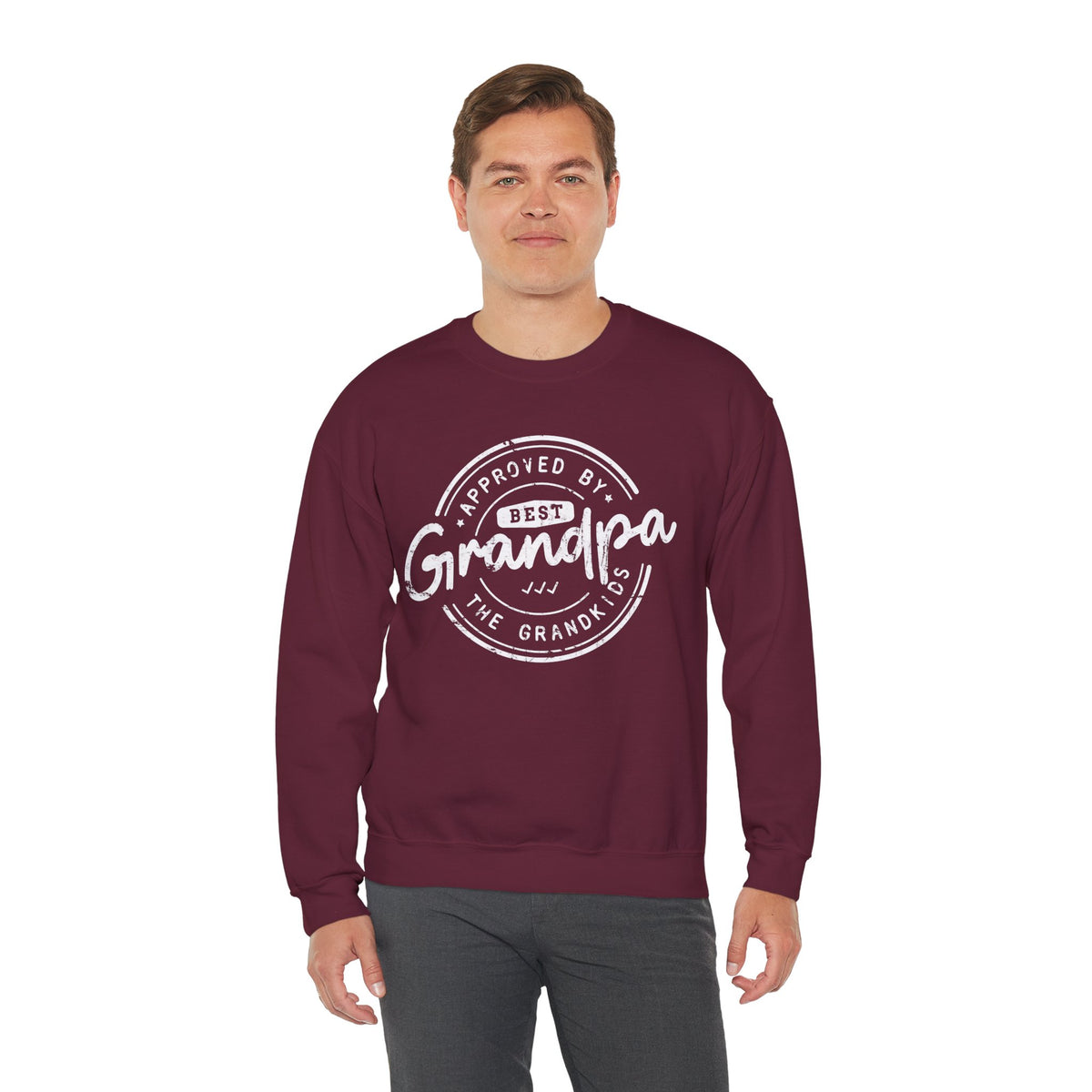 Best Grandpa, Approved by the Grandkids – Gildan Heavy Blend | Trendy Men's Soft Sweatshirt. Direct to Garment. Printed & Shipped in the USA. Unisex Sizes.