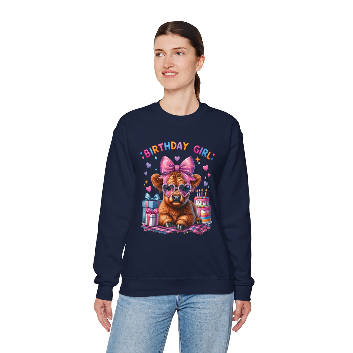 Birthday Girl, Highland Cow – Gildan Heavy Blend | Trendy Women’s Soft Sweatshirt. Direct to Garment. Printed & Shipped in the USA. Unisex Sizes.