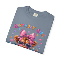 Birthday Girl, Highland Cow - Comfort Colors | Trendy Women's T-Shirt. Direct to Garment. Printed & Shipped in the USA. Unisex Sizes.