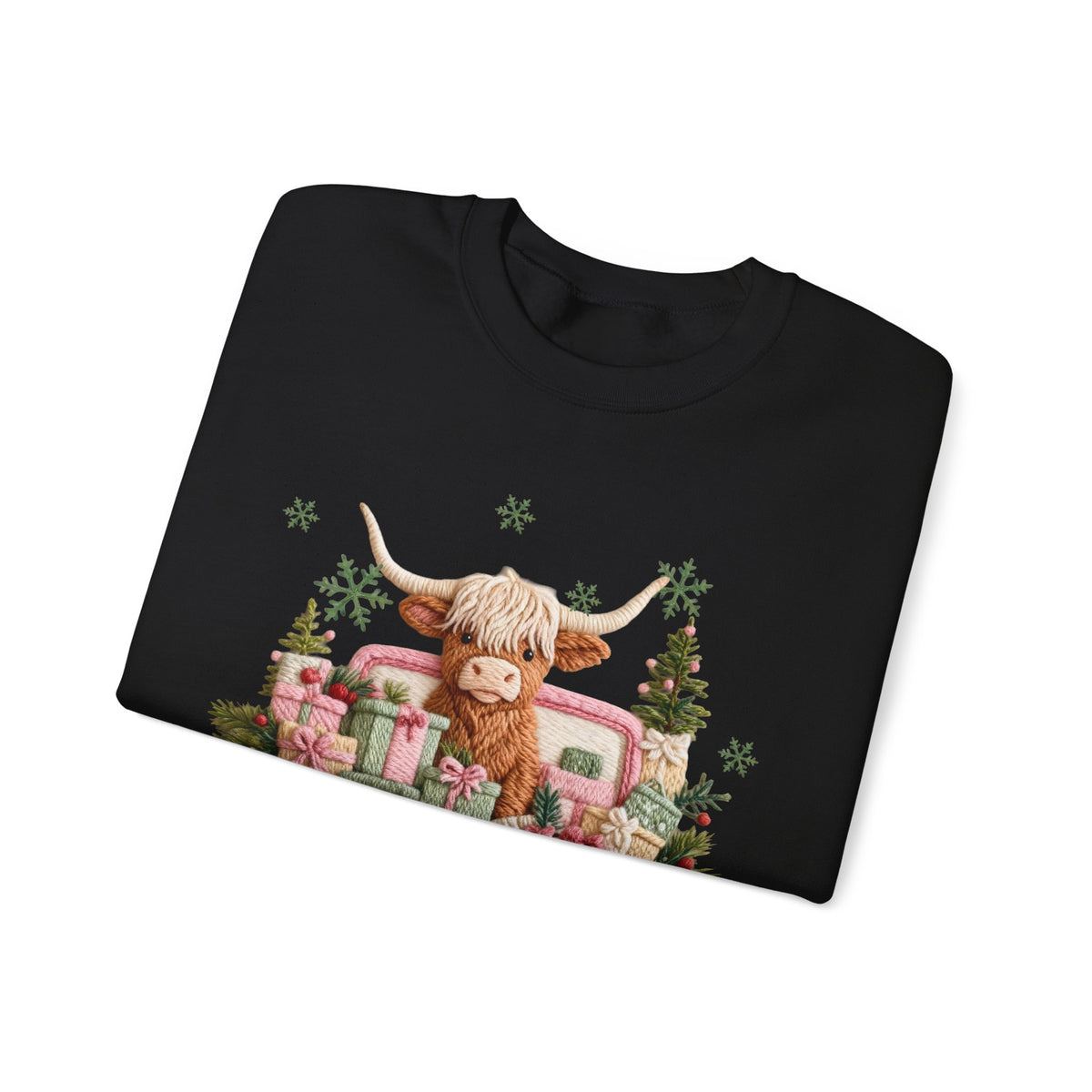 Highland Cow in Pink Truck Merry Christmas Holiday Farmhouse – Gildan Heavy Blend | Trendy Women’s Soft Sweatshirt. Direct to Garment. Printed & Shipped in the USA. Unisex Sizes.