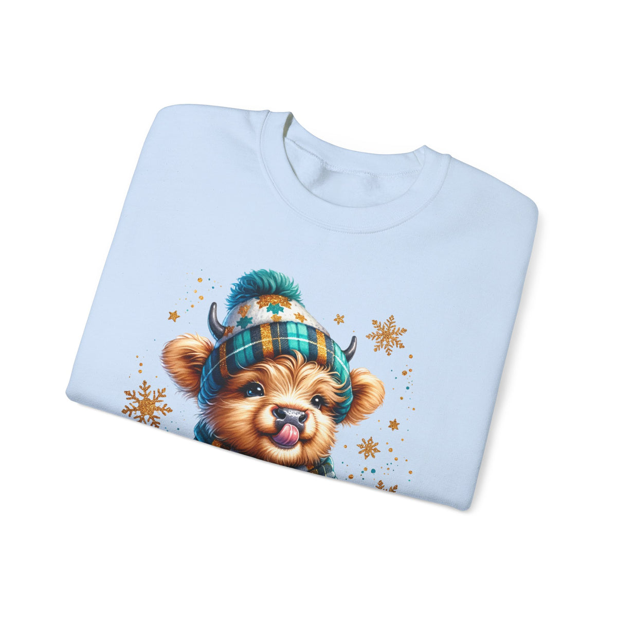 Winter Baby Highland Cow with Cocoa – Gildan Heavy Blend | Trendy Women’s Soft Sweatshirt. Direct to Garment. Printed & Shipped in the USA. Unisex Sizes.