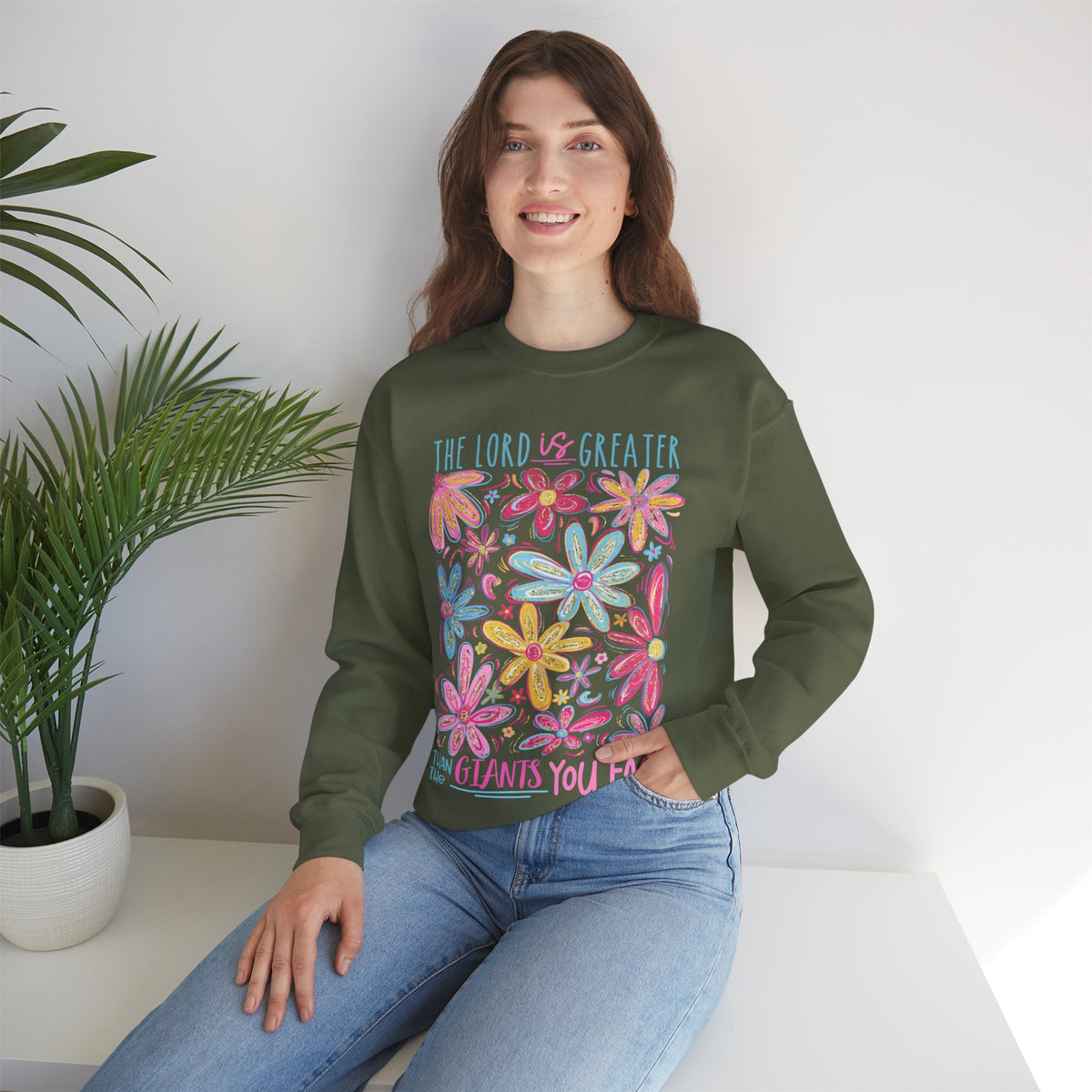 The Lord Is Greater Than The Giants You Face – Gildan Heavy Blend | Trendy Women’s Soft Sweatshirt. Direct to Garment. Printed & Shipped in the USA. Unisex Sizes.