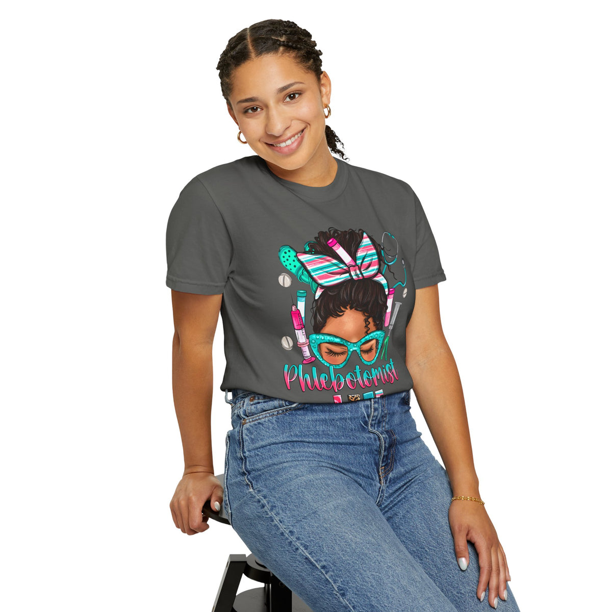 Phlebotomist Life, Messy Bun - Comfort Colors | Trendy Women's T-Shirt. Direct to Garment. Printed & Shipped in the USA. Unisex Sizes.