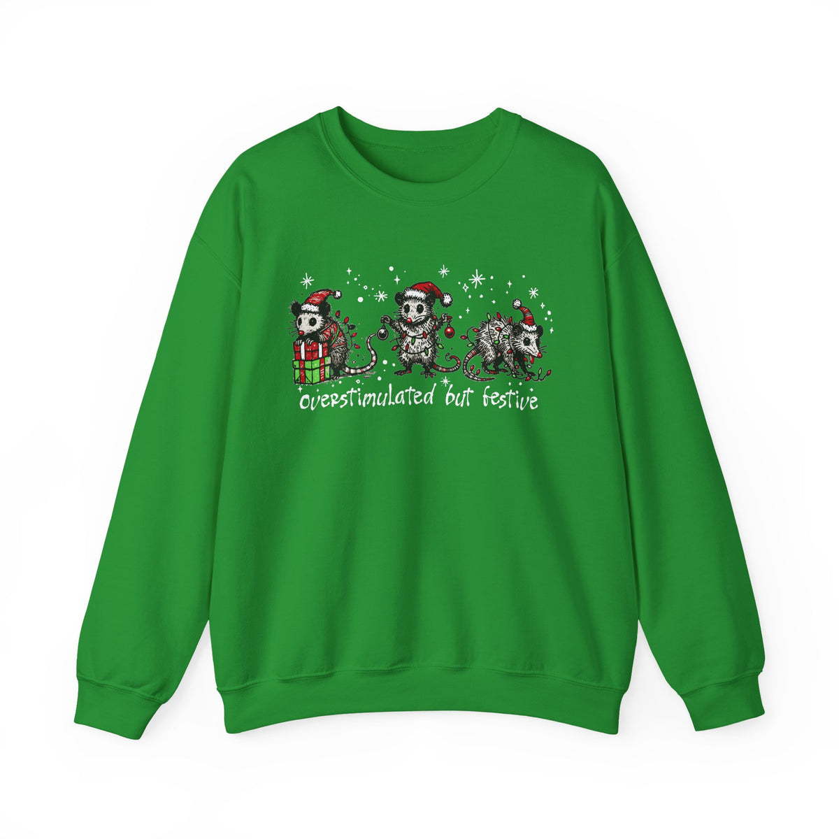 Overstimulated But Festive Christmas Possums – Gildan Heavy Blend | Trendy Women’s and Men's Soft Sweatshirt. Direct to Garment. Printed & Shipped in the USA. Unisex Sizes.