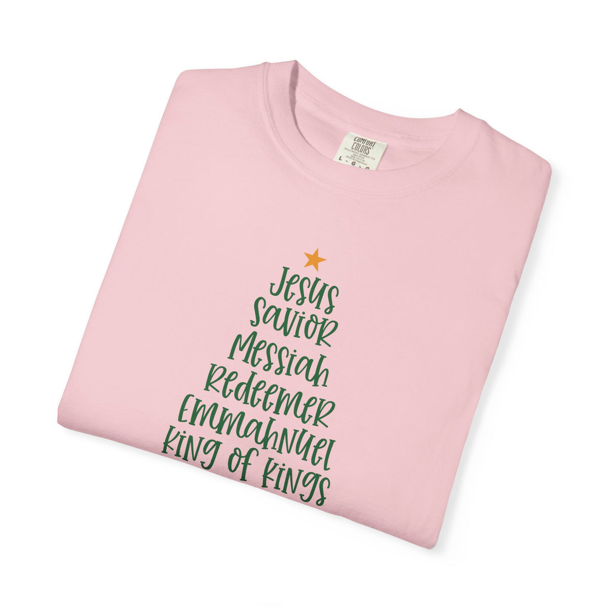 Jesus Name Christmas Tree - Comfort Colors | Trendy Women's T-Shirt. Direct to Garment. Printed & Shipped in the USA. Unisex Sizes.