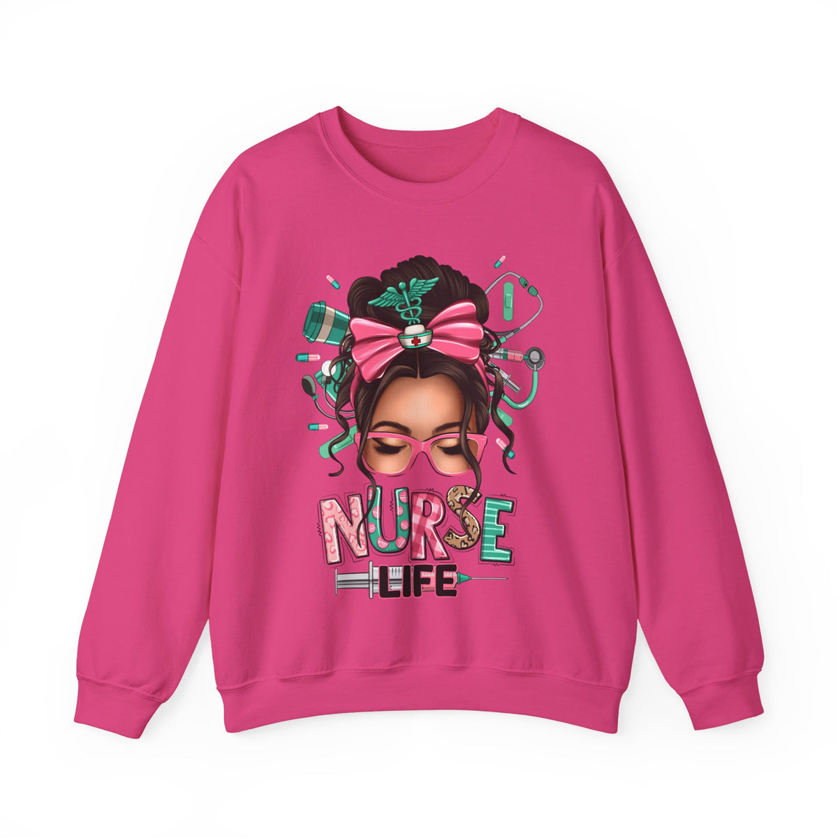 Nurse Life Messy Bun, Cute Stethoscope & Syringe – Gildan Heavy Blend | Trendy Women’s Soft Sweatshirt. Direct to Garment. Printed & Shipped in the USA. Unisex Sizes.