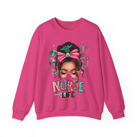 Nurse Life Messy Bun, Cute Stethoscope & Syringe – Gildan Heavy Blend | Trendy Women’s Soft Sweatshirt. Direct to Garment. Printed & Shipped in the USA. Unisex Sizes.