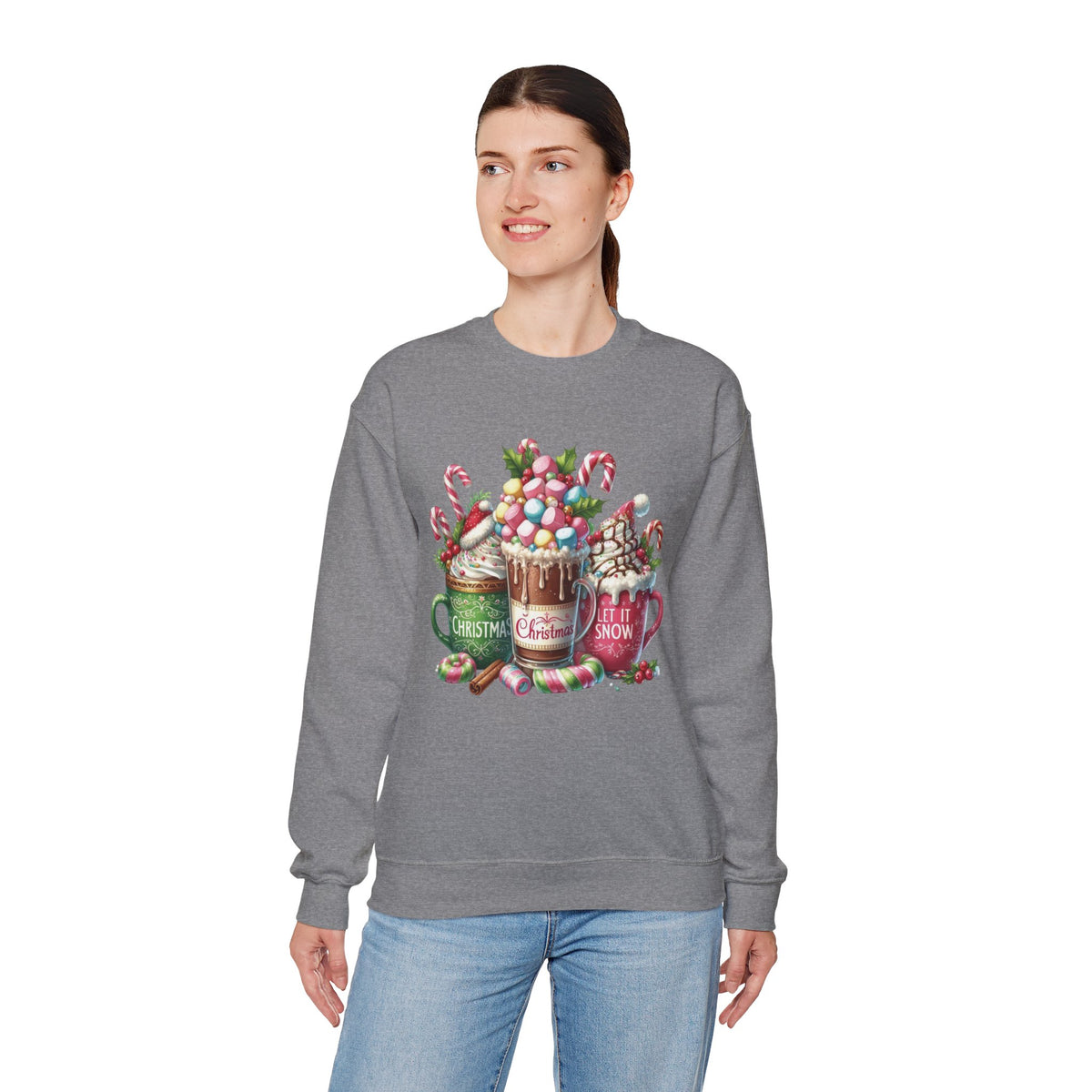 Hot Chocolate Mugs Christmas Hot Cocoa – Gildan Heavy Blend | Trendy Women’s Soft Sweatshirt. Direct to Garment. Printed & Shipped in the USA. Unisex Sizes.