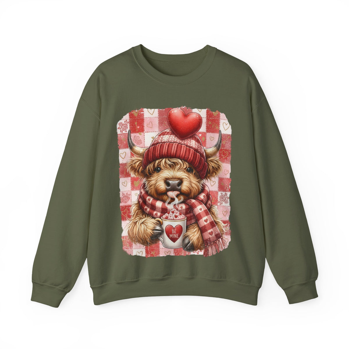 Highland Cow Be Mine, Red Checkered – Gildan Heavy Blend | Trendy Women’s Soft Sweatshirt. Direct to Garment. Printed & Shipped in the USA. Unisex Sizes.