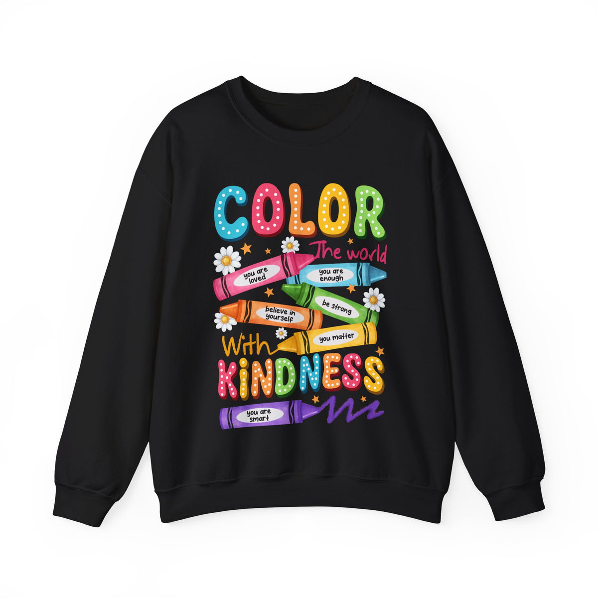 Color the World With Kindness Crayons, Great Teacher Gift – Gildan Heavy Blend | Trendy Women’s and Men's Soft Sweatshirt. Direct to Garment. Printed & Shipped in the USA. Unisex Sizes.