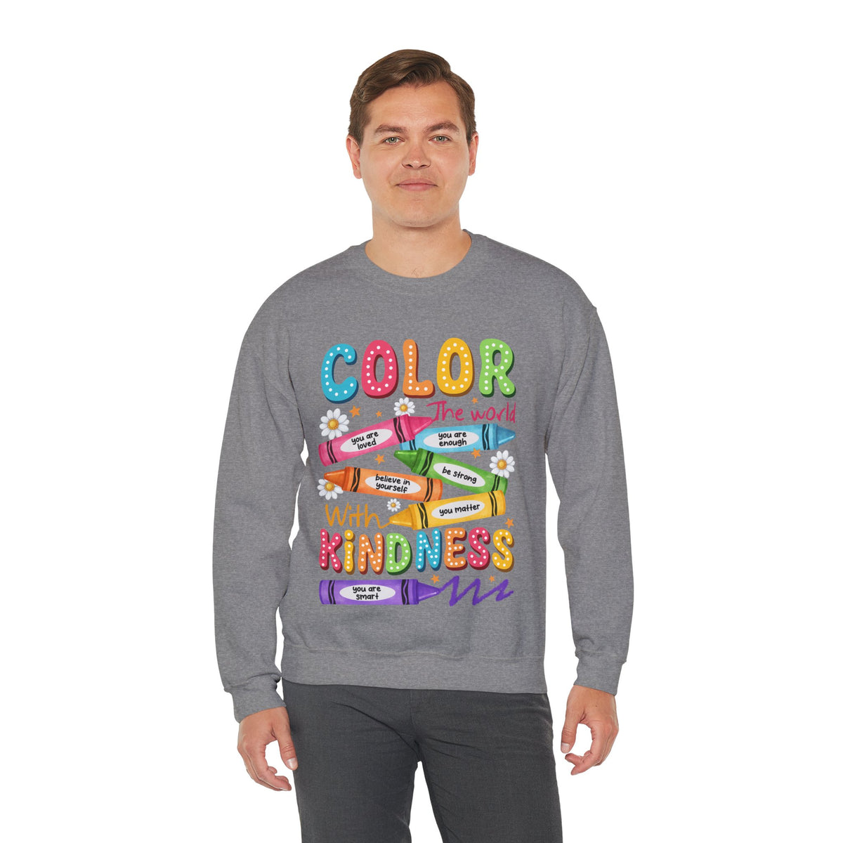 Color the World With Kindness Crayons, Great Teacher Gift – Gildan Heavy Blend | Trendy Women’s and Men's Soft Sweatshirt. Direct to Garment. Printed & Shipped in the USA. Unisex Sizes.