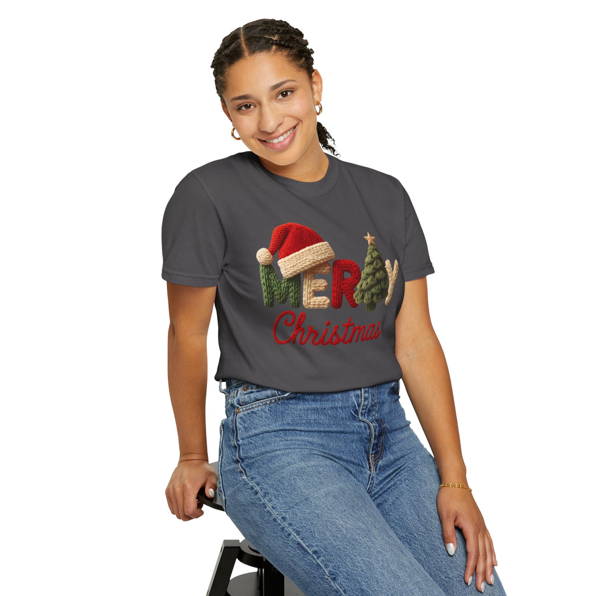 Merry Christmas Faux Yarn w/Santa Hat & Tree - Comfort Colors | Trendy Women's T-Shirt. Direct to Garment. Printed & Shipped in the USA. Unisex Sizes.