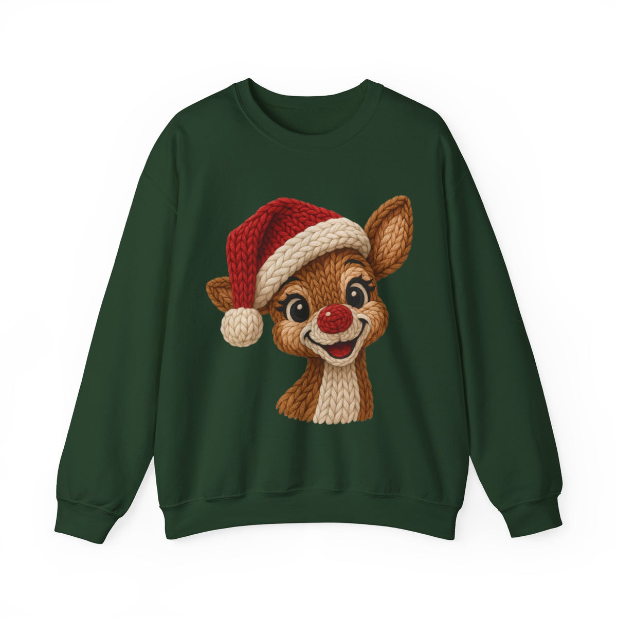 Cute Rudolph Faux Knit Look Reindeer w/Santa Hat – Gildan Heavy Blend | Trendy Women’s Soft Sweatshirt. Direct to Garment. Printed & Shipped in the USA. Unisex Sizes.