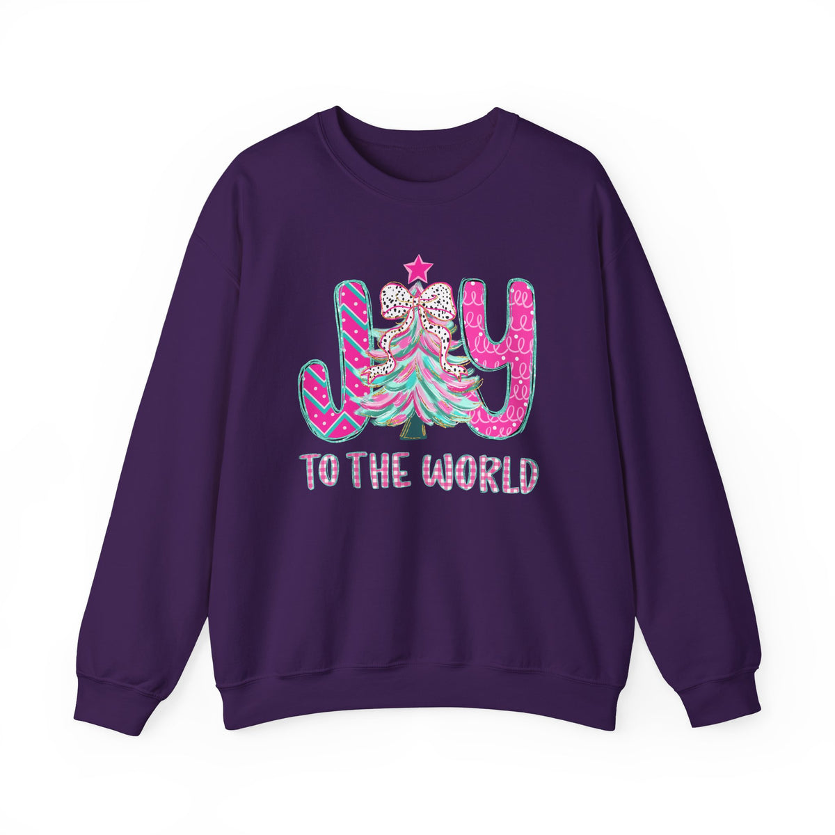 Joy to the World w/Christmas Tree Pink and Teal – Gildan Heavy Blend | Trendy Women’s Soft Sweatshirt. Direct to Garment. Printed & Shipped in the USA. Unisex Sizes.