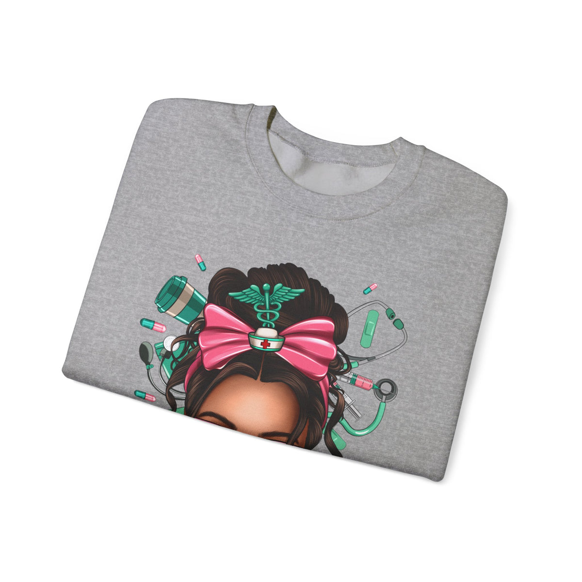 Nurse Life Messy Bun, Cute Stethoscope & Syringe – Gildan Heavy Blend | Trendy Women’s Soft Sweatshirt. Direct to Garment. Printed & Shipped in the USA. Unisex Sizes.