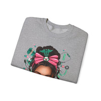 Nurse Life Messy Bun, Cute Stethoscope & Syringe – Gildan Heavy Blend | Trendy Women’s Soft Sweatshirt. Direct to Garment. Printed & Shipped in the USA. Unisex Sizes.